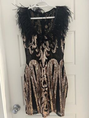 Black & Gold Sequin Feather Trim Party Dress
